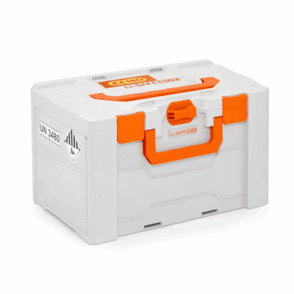 Geschlossene CEMO Brandschutzbox klein für den sicheren Transport von Lithium-Ionen-Akkus