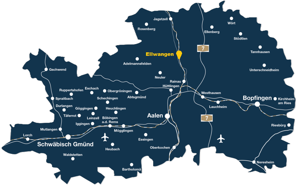 Karte des Ostalbkreises mit Städten wie Ellwangen, Aalen, Bopfingen und Schwäbisch Gmünd – Einsatzgebiet des Brandschutzcenter Ostalb.