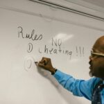 Dozent schreibt Regeln an ein Whiteboard – Symbolbild für Sondervorschriften und gesetzliche Anforderungen bei Batterien und Akkus.