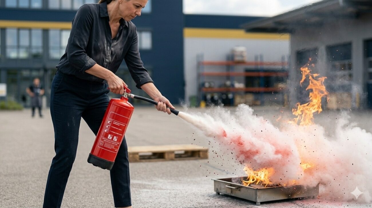 Praxisnahe Brandschutzhelfer-Ausbildung: Eine Mitarbeiterin im Betrieb löscht unter Anleitung ein kontrolliertes Übungsfeuer mit einem Feuerlöscher auf einem Außengelände.