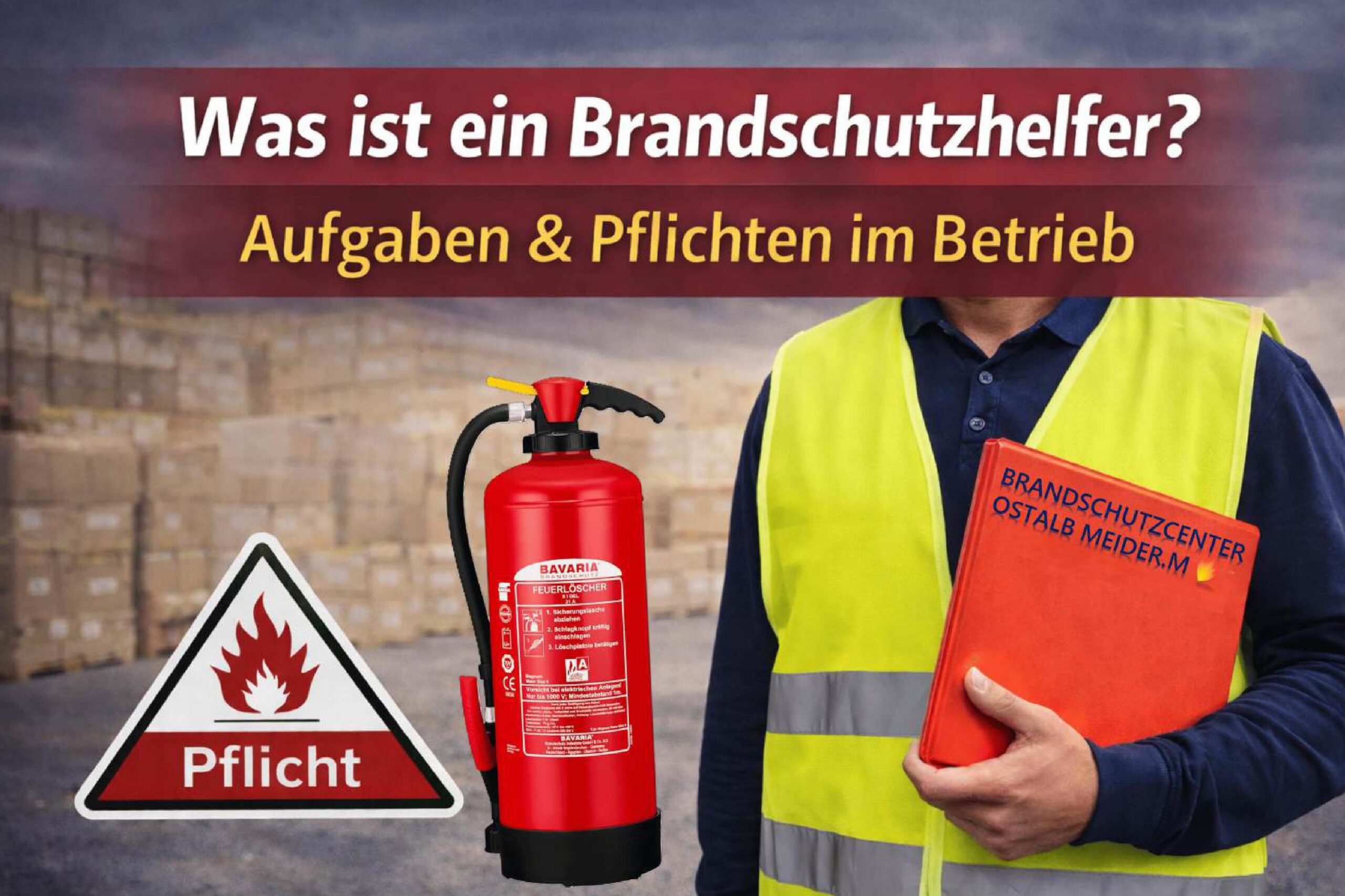 Brandschutzhelfer im Betrieb mit Warnsymbol und Schulungsunterlagen zur Brandprävention