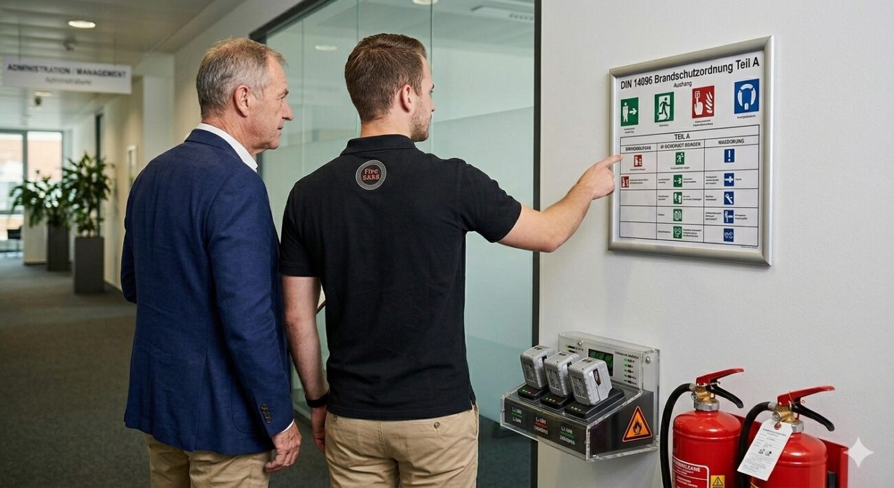Ein Brandschutzbeauftragter und ein Geschäftsführer betrachten von hinten einen Aushang der Brandschutzordnung Teil A in einem modernen Verwaltungsgebäude.