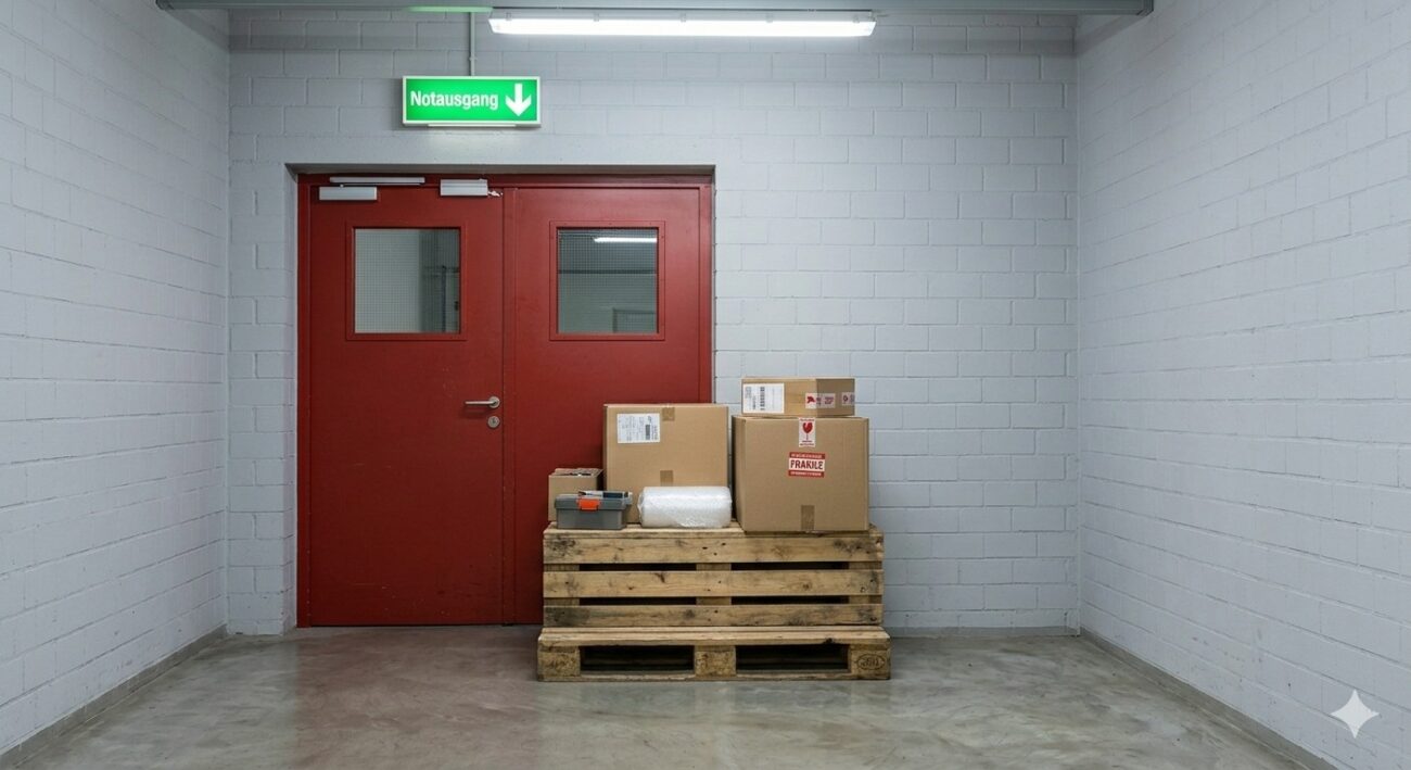Ein versperrter Notausgang in einem Unternehmen mit einer Holzpalette und Kartons als Beispiel für einen häufigen Brandschutz-Mangel.
