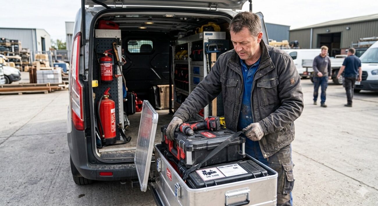 Ein Handwerker in Alltagskleidung sichert im Heck seines Servicefahrzeugs eine Transportbox mit Akku-Werkzeugen und Lithium-Ionen-Ersatzakkus gemäß der ADR-Handwerkerregelung.