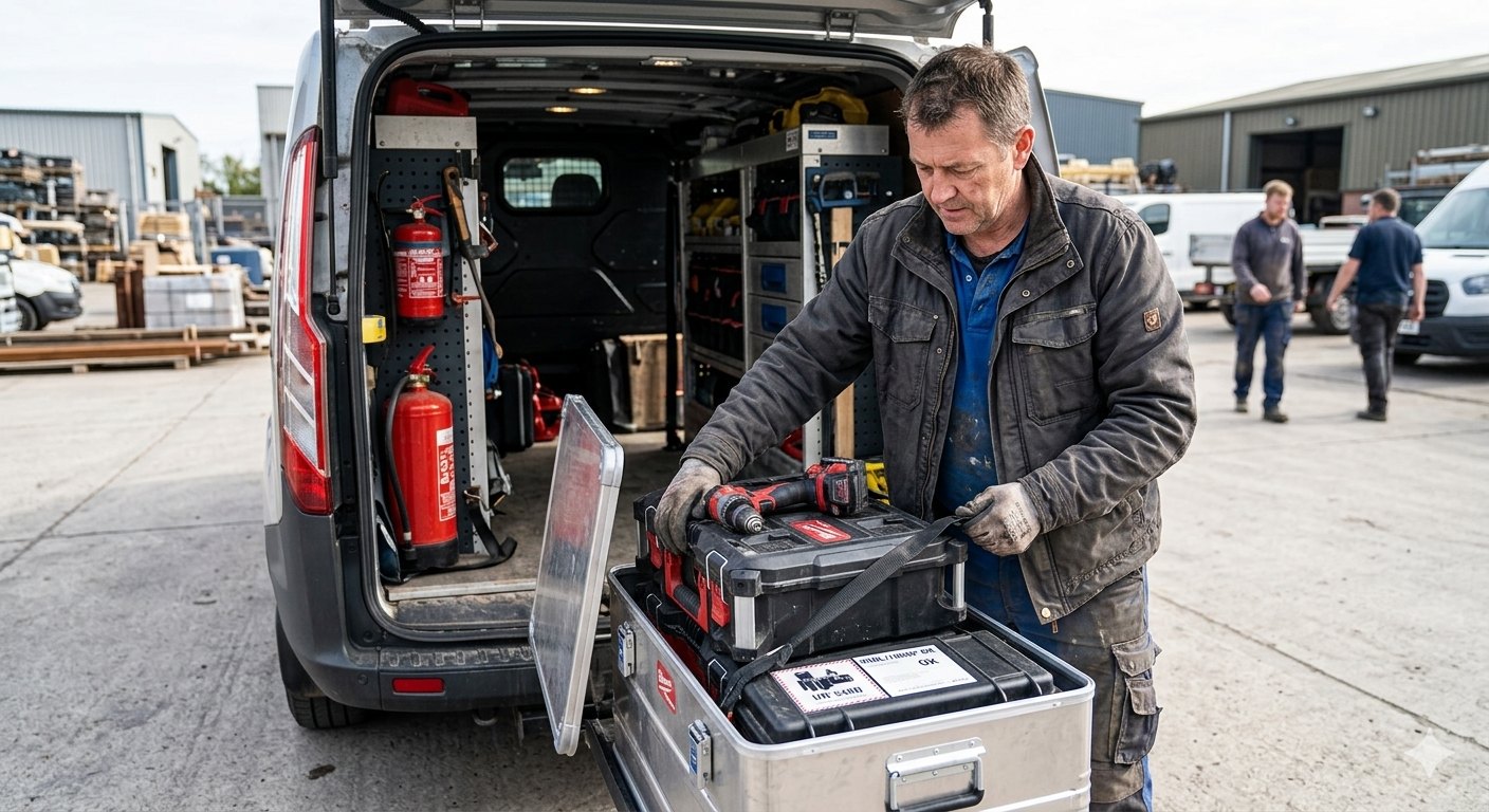 Ein Handwerker in Alltagskleidung sichert im Heck seines Servicefahrzeugs eine Transportbox mit Akku-Werkzeugen und Lithium-Ionen-Ersatzakkus gemäß der ADR-Handwerkerregelung.