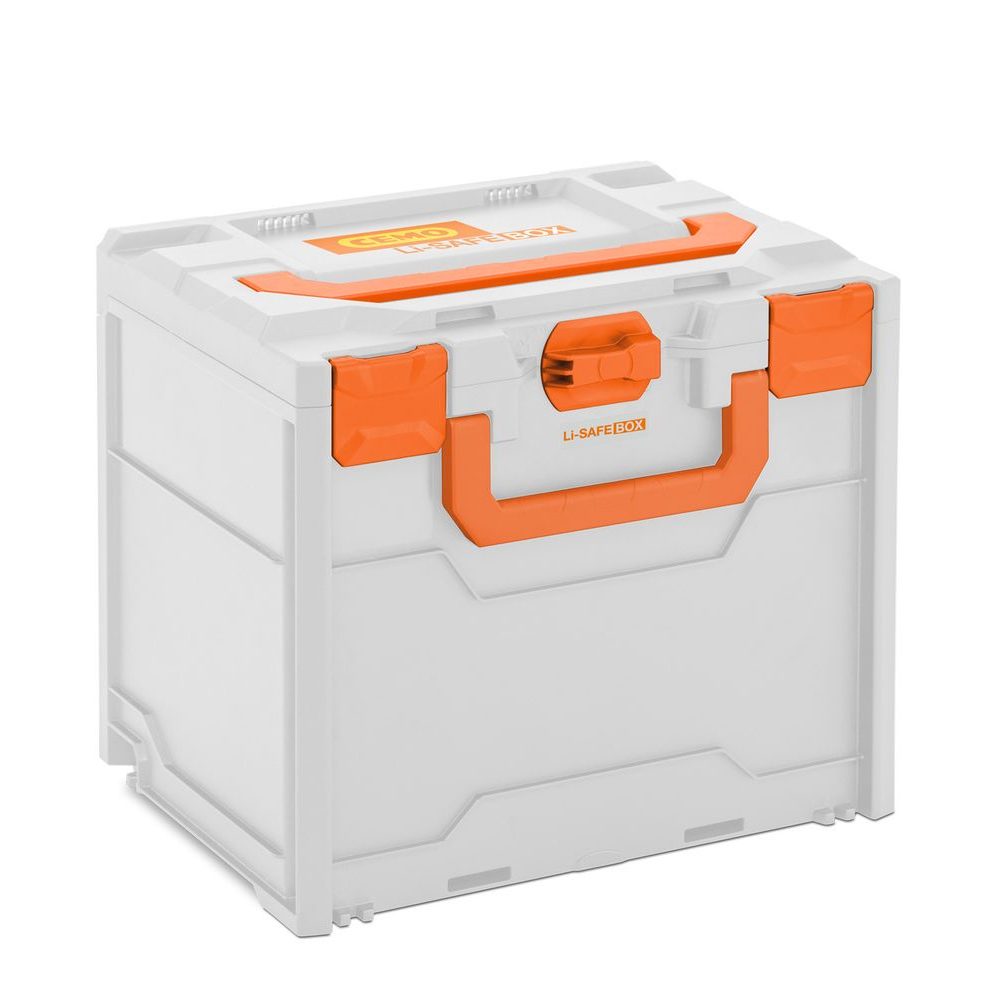 Geschlossene Akku Brandschutzbox groß von CEMO zur sicheren Lagerung von Lithium-Ionen-Akkus.